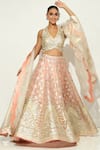 Buy_Vandana Sethi_Pink Shimmer Organza Embroidered Gota Patti Halter Neck Floral Lehenga Set _at_Aza_Fashions