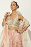 Buy_Vandana Sethi_Pink Shimmer Organza Embroidered Gota Patti Halter Neck Floral Lehenga Set _Online_at_Aza_Fashions