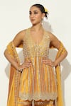 Buy_Vandana Sethi_Yellow Dupion Silk Embellished Mirrorwork Halter Neck Kurta Sharara Set _Online_at_Aza_Fashions