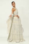 Shop_Vandana Sethi_Ivory Shimmer Organza Embellished Pearl Halter Neck Floral Bridal Lehenga Set _at_Aza_Fashions