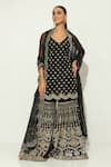 Buy_Vandana Sethi_Black Dupion Silk Embellished Mirrorwork V-neck Floral Kurta Gharara Set _at_Aza_Fashions