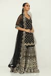 Shop_Vandana Sethi_Black Dupion Silk Embellished Mirrorwork V-neck Floral Kurta Gharara Set _at_Aza_Fashions