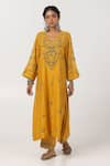 Buy_Pants and Pajamas_Yellow Chanderi Mul Embroidered Thread V-neck Leaf Kurta With Pant _at_Aza_Fashions