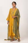 Pants and Pajamas_Yellow Chanderi Mul Embroidered Thread V-neck Leaf Kurta With Pant _Online_at_Aza_Fashions