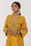 Buy_Pants and Pajamas_Yellow Chanderi Mul Embroidered Thread V-neck Leaf Kurta With Pant _Online_at_Aza_Fashions