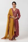 Pants and Pajamas_Maroon Chanderi Mul Embroidered Thread V-neck Abstract Floral Kurta With Pant _Online_at_Aza_Fashions