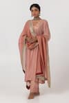 Pants and Pajamas_Pink Chanderi Mul Embroidered Thread V-neck Geometric Floral Kurta With Pant _Online_at_Aza_Fashions