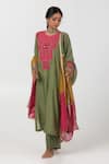 Pants and Pajamas_Green Chanderi Mul Embroidered Thread Geometric Patch Work Kurta With Pant _Online_at_Aza_Fashions