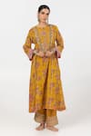 Buy_Pants and Pajamas_Yellow Chanderi Mul Printed Floral Round Block Kurta With Pant _at_Aza_Fashions