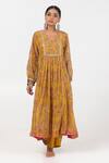 Buy_Pants and Pajamas_Yellow Chanderi Mul Printed Floral Embroidered Gathered Yoke Kurta With Pant _at_Aza_Fashions