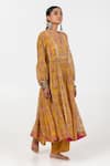 Pants and Pajamas_Yellow Chanderi Mul Printed Floral Embroidered Gathered Yoke Kurta With Pant _Online_at_Aza_Fashions