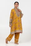 Shop_Pants and Pajamas_Yellow Chanderi Mul Printed Floral Block Embroidered Short Kurta With Salwar _Online_at_Aza_Fashions