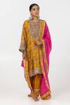 Pants and Pajamas_Yellow Chanderi Mul Printed Floral Block Embroidered Short Kurta With Salwar _at_Aza_Fashions