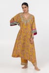 Buy_Pants and Pajamas_Yellow Modal Silk Printed Floral V-neck Block Embroidered Kurta With Pant _at_Aza_Fashions