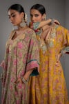 Pants and Pajamas_Yellow Modal Silk Printed Floral V-neck Block Embroidered Kurta With Pant _Online_at_Aza_Fashions