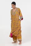 Pants and Pajamas_Yellow Modal Silk Printed Floral V-neck Block Embroidered Kurta With Pant _at_Aza_Fashions