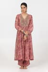 Buy_Pants and Pajamas_Pink Modal Silk Printed Floral V-neck Block Gathered Yoke Kurta With Pant _at_Aza_Fashions