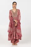 Buy_Pants and Pajamas_Pink Modal Silk Printed Floral V-neck Block Gathered Yoke Kurta With Pant _Online_at_Aza_Fashions