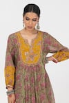 Buy_Pants and Pajamas_Green Modal Silk Printed Floral Notched Block Embroidered Yoke Kurta With Pant _Online_at_Aza_Fashions