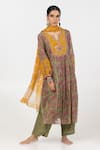 Buy_Pants and Pajamas_Green Modal Silk Printed Floral Notched Block Embroidered Yoke Kurta With Pant 