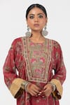 Pants and Pajamas_Maroon Chanderi Mul Printed Floral Round Embroidered Yoke Block Kurta With Pant _at_Aza_Fashions