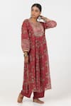 Shop_Pants and Pajamas_Pink Chanderi Mul Printed Floral Monochrome Embroidered Yoke Kurta With Pant _Online_at_Aza_Fashions