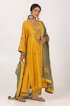 Buy_Pants and Pajamas_Yellow Chanderi Mul Embroidered Thread V-neck Leaf Kurta Pant Set _Online_at_Aza_Fashions