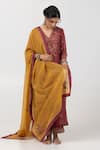 Buy_Pants and Pajamas_Maroon Chanderi Mul Embroidered Thread V-neck Floral Leaf Kurta Pant Set _Online_at_Aza_Fashions