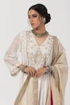 Shop_Pants and Pajamas_White Chanderi Mul Embroidered Thread V-neck Geometric Flora Kurta Pant Set _Online_at_Aza_Fashions