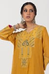 Buy_Pants and Pajamas_Yellow Chanderi Mul Embroidered Thread V-neck Abstract Patch Work Kurta Pant Set 