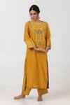 Shop_Pants and Pajamas_Yellow Chanderi Mul Embroidered Thread V-neck Abstract Patch Work Kurta Pant Set 