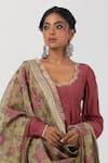 Pants and Pajamas_Maroon Chanderi Mul Embroidered Thread Scoop Floral Anarkali Set _at_Aza_Fashions