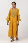 Buy_Pants and Pajamas_Yellow Chanderi Mul Embroidery Floral V-neck Kurta _at_Aza_Fashions