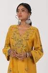 Pants and Pajamas_Yellow Chanderi Mul Embroidery Floral V-neck Kurta _Online_at_Aza_Fashions