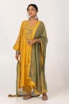 Buy_Pants and Pajamas_Yellow Chanderi Mul Embroidery Floral V-neck Kurta _Online_at_Aza_Fashions