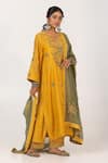 Shop_Pants and Pajamas_Yellow Chanderi Mul Embroidery Floral V-neck Kurta _Online_at_Aza_Fashions