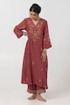 Buy_Pants and Pajamas_Maroon Chanderi Mul Embroidery Floral V-neck Kurta _at_Aza_Fashions