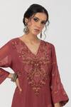 Pants and Pajamas_Maroon Chanderi Mul Embroidery Floral V-neck Kurta _Online_at_Aza_Fashions