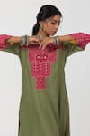 Pants and Pajamas_Green Chanderi Mul Embroidery Floral Round Yoke Kurta _at_Aza_Fashions