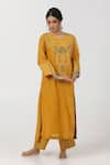 Buy_Pants and Pajamas_Yellow Chanderi Mul Embroidery Floral Round Patchwork Kurta _at_Aza_Fashions