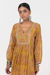 Buy_Pants and Pajamas_Yellow Chanderi Mul Embroidery Floral V-neck Panelled Kurta _Online_at_Aza_Fashions