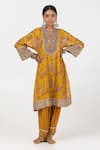 Buy_Pants and Pajamas_Yellow Chanderi Mul Embroidery Floral Round Short Kurta _at_Aza_Fashions