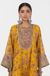 Pants and Pajamas_Yellow Chanderi Mul Embroidery Floral Round Short Kurta _Online_at_Aza_Fashions