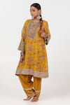 Buy_Pants and Pajamas_Yellow Chanderi Mul Embroidery Floral Round Short Kurta _Online_at_Aza_Fashions