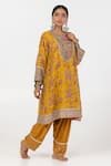 Shop_Pants and Pajamas_Yellow Chanderi Mul Embroidery Floral Round Short Kurta _Online_at_Aza_Fashions