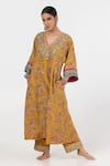 Buy_Pants and Pajamas_Yellow Modal Silk Embroidery Floral V-neck Yoke Kurta _at_Aza_Fashions