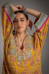 Pants and Pajamas_Yellow Modal Silk Embroidery Floral V-neck Yoke Kurta _Online_at_Aza_Fashions