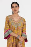 Buy_Pants and Pajamas_Yellow Modal Silk Embroidery Floral V-neck Yoke Kurta _Online_at_Aza_Fashions