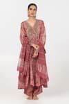 Pants and Pajamas_Pink Chanderi Mul Embroidery Floral V-neck Block Print Panelled Kurta _Online_at_Aza_Fashions