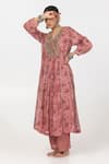 Buy_Pants and Pajamas_Pink Chanderi Mul Embroidery Floral V-neck Block Print Panelled Kurta _Online_at_Aza_Fashions